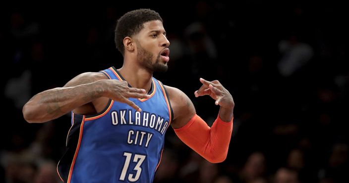 Oklahoma City Thunder forward Paul George gestures after scoring a basket against the Brooklyn Nets during the second half of an NBA basketball game, Wednesday, Dec. 5, 2018, in New York. The Thunder won 114-112. (AP Photo/Julio Cortez)