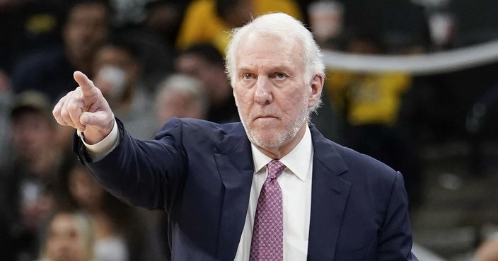 San Antonio Spurs coach Gregg Popovich signals to his players during the second half of the team's NBA basketball game against the Los Angeles Lakers, Friday, Dec. 7, 2018, in San Antonio. San Antonio won 133-120. (AP Photo/Darren Abate)