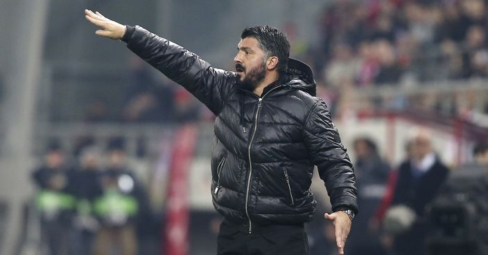 AC Milan coach Gennaro Gattuso gives instructions during a Group F Europa League soccer match between Olympiakos and AC Milan at Georgios Karaiskakis stadium in the port of Piraeus, near Athens, Thursday, Dec. 13, 2018. (AP Photo/Petros Giannakouris)