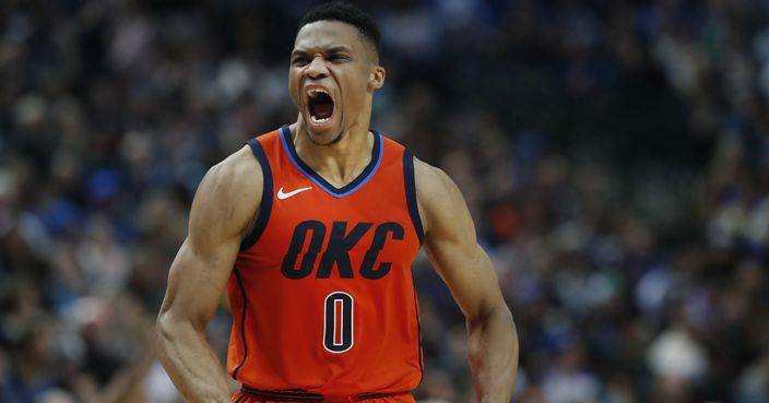 Oklahoma City Thunder guard Russell Westbrook reacts to a play during the second half of an NBA basketball game against the Dallas Mavericks in Dallas, Sunday, Dec. 30, 2018. The Mavericks won 105-103. (AP Photo/LM Otero)