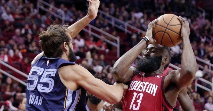 Houston Rockets guard James Harden (13) prepares to shoot as Memphis Grizzlies center Joakim Noah (55) defends during the second half of an NBA basketball game Monday, Dec. 31, 2018, in Houston. (AP Photo/Michael Wyke)