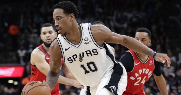 San Antonio Spurs guard DeMar DeRozan (10) drives against the Toronto Raptors during the second half of an NBA basketball game Thursday, Jan. 3, 2019, in San Antonio. (AP Photo/Eric Gay)