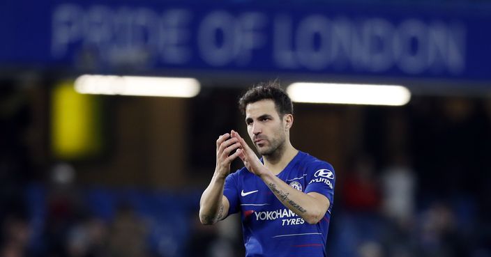 Chelsea's Cesc Fabregas applauds the supporters at the end of the English FA Cup third round soccer match between Chelsea and Nottingham Forest at Stamford Bridge in London, Saturday, Jan. 5, 2019. Chelsea won 2-0. (AP Photo/Alastair Grant)