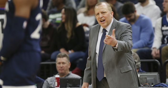 Minnesota Timberwolves' head coach Tom Thibodeau calls out to his team during the second half of an NBA basketball game against the Los Angeles Lakers, Sunday, Jan. 6, 2019, in Minneapolis. A person with knowledge of the decision tells The Associated Press that the Timberwolves have fired Thibodeau halfway into his third season with the team that began with turmoil surrounding All-Star Jimmy Butler. The person spoke to the AP on condition of anonymity, because the Timberwolves had not yet announced the news. The Athletic first reported that Thibodeau, who was also the president of basketball operations with full authority over the roster, had been let go. (AP Photo/Stacy Bengs)