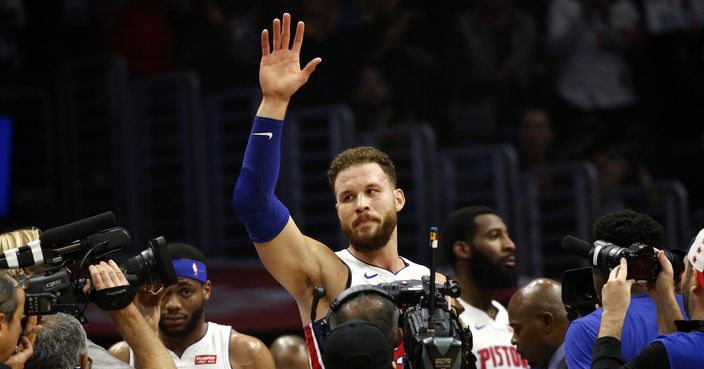Detroit Pistons' Blake Griffin waves to fans during the first half of an NBA basketball game against the Los Angeles Clippers, Saturday, Jan. 12, 2019, in Los Angeles. (AP Photo/Ringo H.W. Chiu)