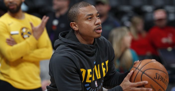 Injured Denver Nuggets guard Isaiah Thomas practices before the team's NBA basketball game against the Houston Rockets on Friday, Feb. 1, 2019, in Denver. (AP Photo/David Zalubowski)