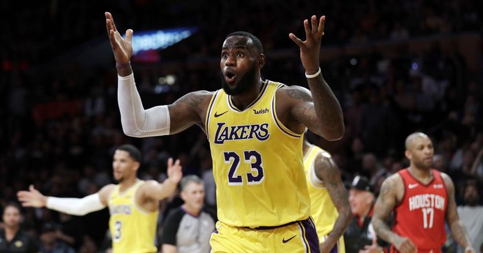 Los Angeles Lakers' LeBron James (23) reacts to a foul called against him during the second half of the team's NBA basketball game against the Houston Rockets on Thursday, Feb. 21, 2019, in Los Angeles. (AP Photo/Marcio Jose Sanchez)
