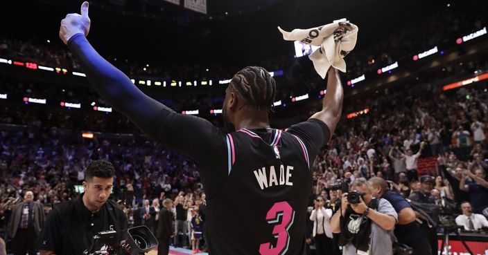 Miami Heat guard Dwyane Wade (3) celebrates after the Heat defeated the Golden State Warriors 126-125 in an NBA basketball game Wednesday, Feb. 27, 2019, in Miami. (AP Photo/Brynn Anderson)