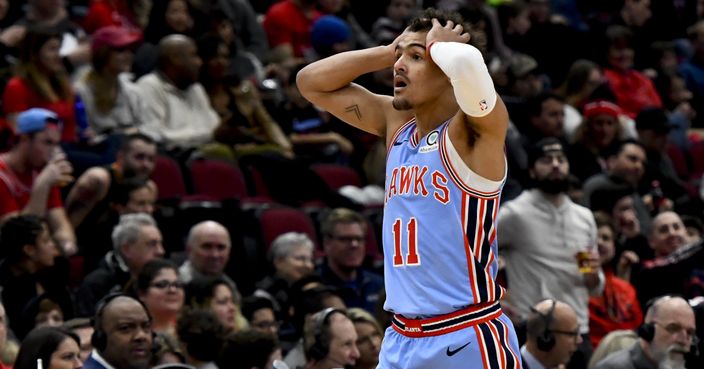 Atlanta Hawks guard Trae Young (11) reacts after being called on his second technical foul against the Chicago Bulls during the second half of an NBA basketball game Sunday, March 3, 2019, in Chicago. (AP Photo/Matt Marton)