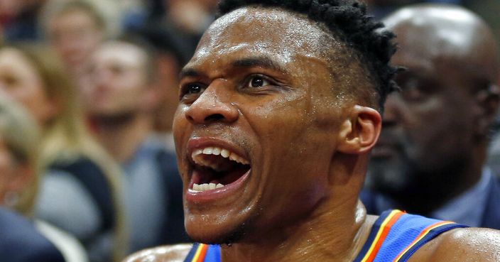 Oklahoma City Thunder guard Russell Westbrook (0) shouts to his team in the second half during an NBA basketball game against the Utah Jazz, Monday, March 11, 2019, in Kearns, Utah. (AP Photo/Rick Bowmer)