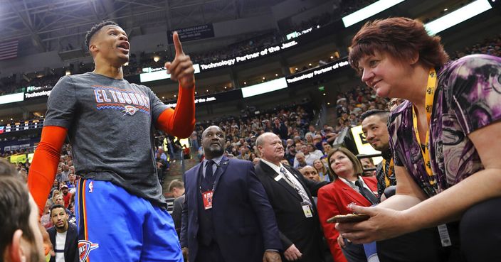 Oklahoma City Thunder's Russell Westbrook gets into a heated verbal altercation with fans in the first half of an NBA basketball game against the Utah Jazz, Monday, March 11, 2019, in Salt Lake City. (AP Photo/Rick Bowmer)