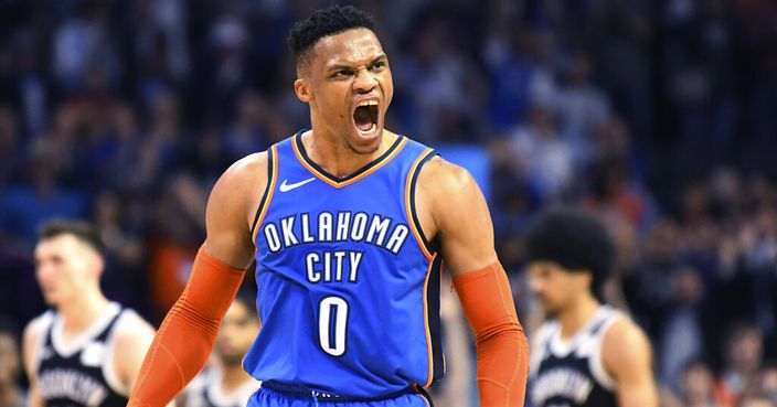 Oklahoma City Thunder guard Russell Westbrook (0) celebrates after a 3 point shot during the second half of the team's NBA basketball game against the Brooklyn Nets on Wednesday, March 13, 2019, in Oklahoma City. (AP Photo/June Frantz Hunt)