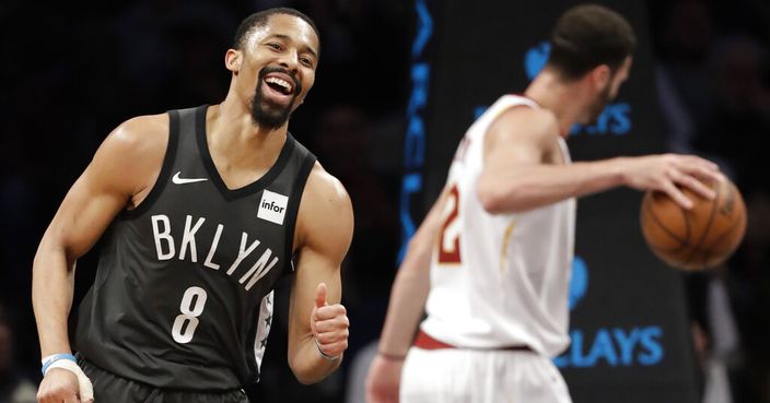 Brooklyn Nets guard Spencer Dinwiddie (8) smiles after scoring during the fourth quarter of the team's NBA basketball game against the Cleveland Cavaliers, Wednesday, March 6, 2019, in New York. (AP Photo/Kathy Willens)