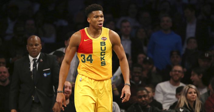 Milwaukee Bucks forward Giannis Antetokounmpo reacts during the first half of an NBA basketball game against the Brooklyn Nets, Monday, April 1, 2019, in New York. (AP Photo/Michael Owens)