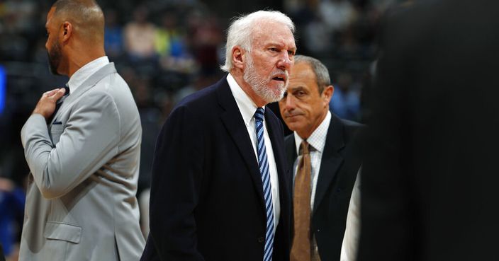 San Antonio Spurs head coach Gregg Popovich reacts after being ejected in the first half of an NBA basketball game against the Denver Nuggets Wednesday, April 3, 2019, in Denver. (AP Photo/David Zalubowski)