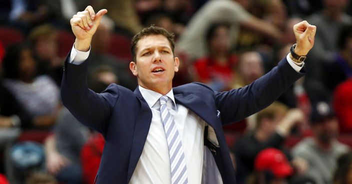 FILE - In this March 12, 2019, file photo, Los Angeles Lakers coach Luke Walton gestures to players during the second half of an NBA basketball game against the Chicago Bulls in Chicago. The Lakers say they have mutually agreed to part ways with Walton after three losing seasons. Lakers general manager Rob Pelinka announced Walton's departure Friday, April 12, 2019. (AP Photo/Nuccio DiNuzzo,File)