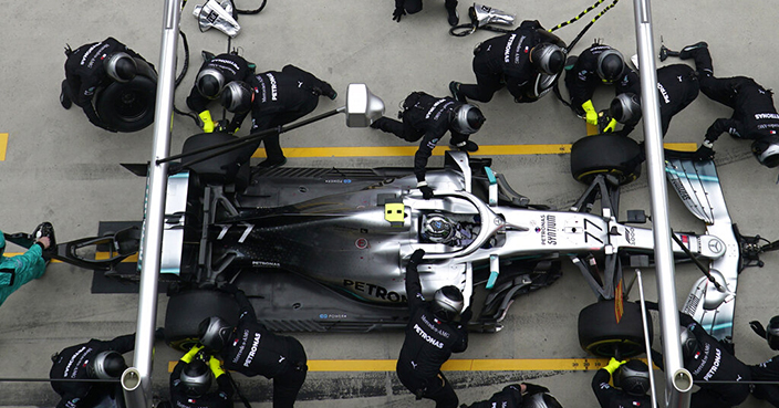 Mercedes driver Valtteri Bottas of Finland makes a pit stop during the Chinese Formula One Grand Prix at the Shanghai International Circuit in Shanghai on Sunday, April 14, 2019. (AP Photo/Hu Chengwei)