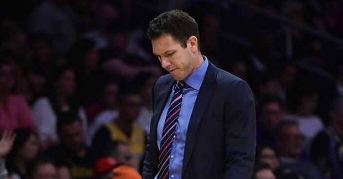 Los Angeles Lakers coach Luke Walton walks back to the bench during the second half of the team's NBA basketball game against the Portland Trail Blazers on Tuesday, April 9, 2019, in Los Angeles. The Trail Blazers won 104-101. (AP Photo/Mark J. Terrill)