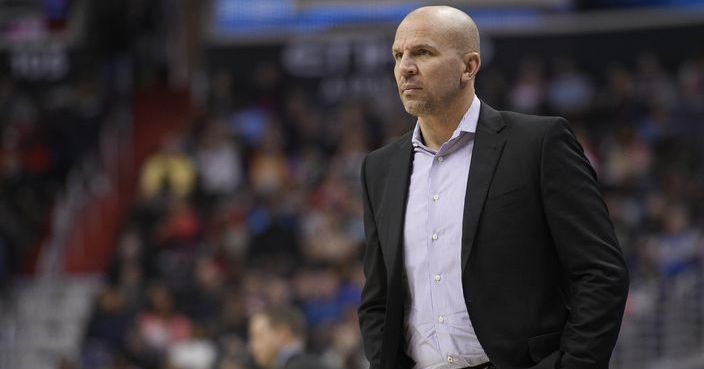 This Jan. 15, 2018 photo shows Milwaukee Bucks head coach Jason Kidd looking on during the second half of an NBA basketball game against the Washington Wizards in Washington. The Bucks have relieved Kidd from his head coaching duties, Monday, Jan. 22, 2018. (AP Photo/Nick Wass)