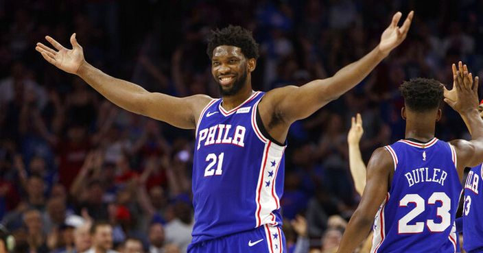 Philadelphia 76ers' Joel Embiid, of Cameroon, reacts to his basket during the first half in Game 5 of a first-round NBA basketball playoff series against the Brooklyn Nets, Tuesday, April 23, 2019, in Philadelphia. (AP Photo/Chris Szagola)