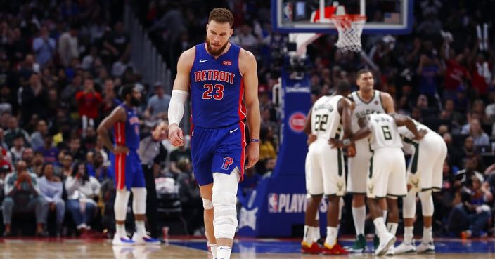 Detroit Pistons forward Blake Griffin walks to the bench after fouling out during the second half of Game 4 of a first-round NBA basketball playoff series against the Milwaukee Bucks, Monday, April 22, 2019, in Detroit. (AP Photo/Carlos Osorio)