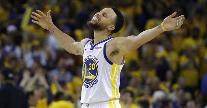 Golden State Warriors' Stephen Curry celebrates during the second half of Game 5 of a second-round NBA basketball playoff series against the Houston Rockets Wednesday, May 8, 2019, in Oakland, Calif. (AP Photo/Ben Margot)