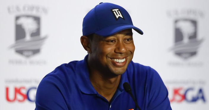 Tiger Woods speaks to the media at a news conference at the U.S. Open Championship golf tournament Tuesday, June 11, 2019, in Pebble Beach, Calif. (AP Photo/Chris Carlson)