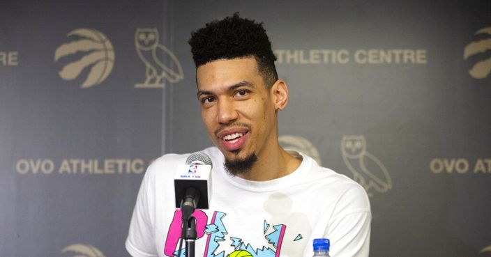 Toronto Raptors' Danny Green takes questions from the media during an NBA basketball news conference following their NBA Championship win, in Toronto, Sunday, June 16, 2019. (Chris Young/The Canadian Press via AP)