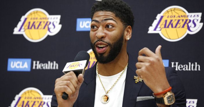 Los Angeles Lakers NBA basketball team introduce Anthony Davis at a news conference at the UCLA Health Training Center in El Segundo, Calif., Saturday, July 13, 2019 (AP Photo/Damian Dovarganes)