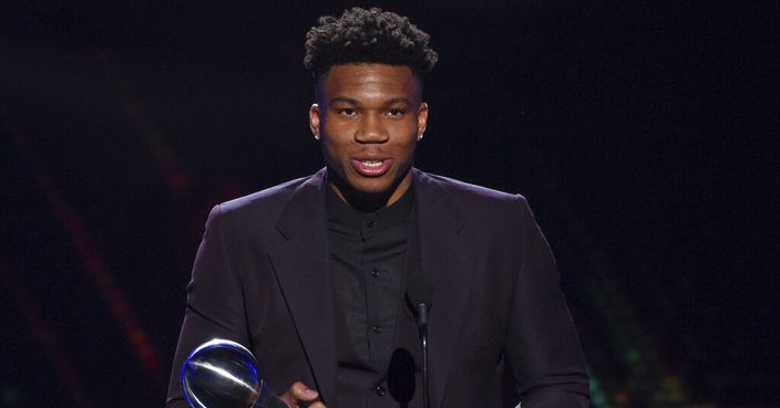 NBA player Giannis Antetokounmpo, of the Milwaukee Bucks, accepts the award for best male athlete at the ESPY Awards on Wednesday, July 10, 2019, at the Microsoft Theater in Los Angeles. (Photo by Chris Pizzello/Invision/AP)