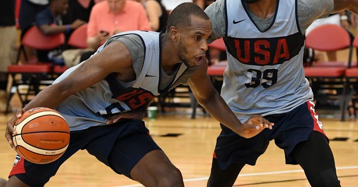 LAS VEGAS, NV - JULY 27:  Khris Middleton #54 of the United States drives against Paul George #39 of the United States during a practice session at the 2018 USA Basketball Men's National Team minicamp at the Mendenhall Center at UNLV on July 27, 2018 in Las Vegas, Nevada.  (Photo by Ethan Miller/Getty Images)