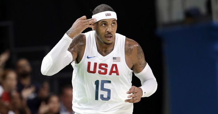 United States' Carmelo Anthony (15) signals ager make a score against Venezuela during a men's basketball game at the 2016 Summer Olympics in Rio de Janeiro, Brazil, Monday, Aug. 8, 2016. (AP Photo/Eric Gay)