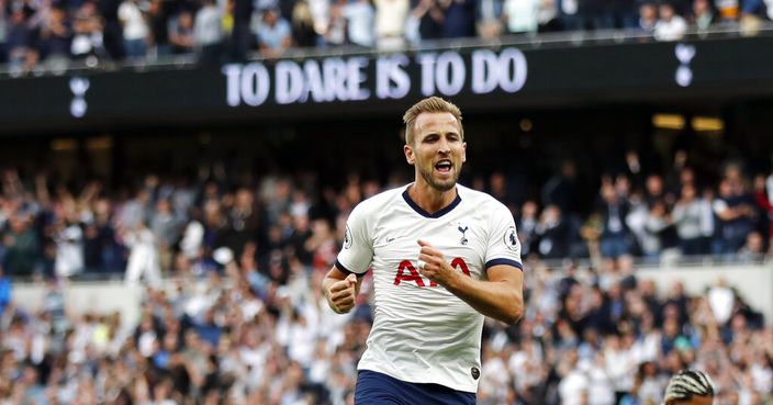 Tottenham's Harry Kane celebrates after scoring his side's third goal during the English Premier League soccer match between Tottenham Hotspur and Aston Villa at the Tottenham Hotspur stadium in London, Saturday, Aug. 10, 2019. (AP Photo/Frank Augstein)
