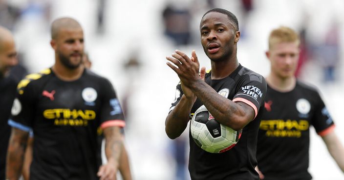 Manchester City's Raheem Sterling applauds at the end of the English Premier League soccer match between West Ham United and Manchester City at London stadium in London, Saturday, Aug. 10, 2019. Sterling scored three goals in Manchester City's 5-0 win. (AP Photo/Kirsty Wigglesworth)