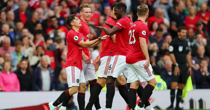 MANCHESTER, ENGLAND - AUGUST 11: Daniel James of Manchester United celebrates with teammates after scoring his team's fourth goal during the Premier League match between Manchester United and Chelsea FC at Old Trafford on August 11, 2019 in Manchester, United Kingdom. (Photo by Julian Finney/Getty Images)