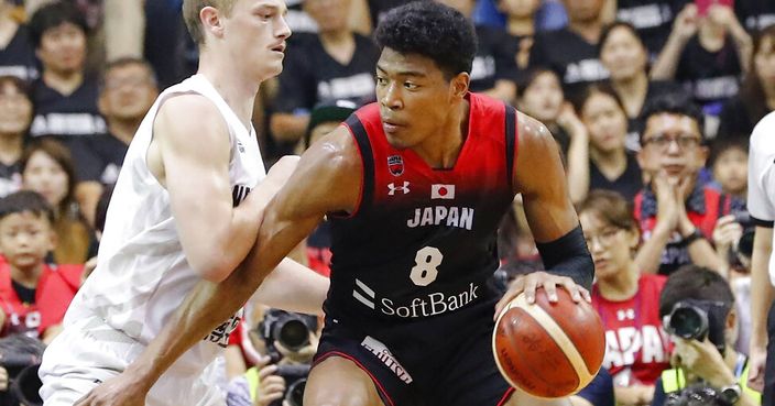 In this Monday, Aug. 12, 2019, photo, Japan's Rui Hachimura, right, plays against New Zealand in World Cup warm-up game in Chiba, near Tokyo. Hachimura scored 35 points to lead Japan to a 99-89 win over New Zealand. (Masanobu Kumagai/Kyodo News via AP)