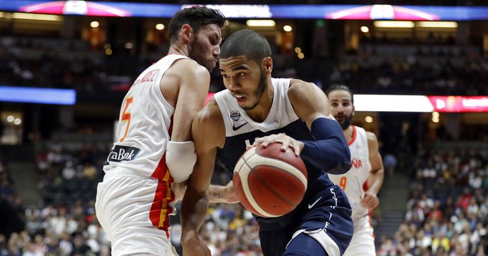 United States' Jayson Tatum, right, is defended by Spain's Rudy Fernandez during the second half of an exhibition basketball game Friday, Aug. 16, 2019, in Anaheim, Calif. (AP Photo/Marcio Jose Sanchez)
