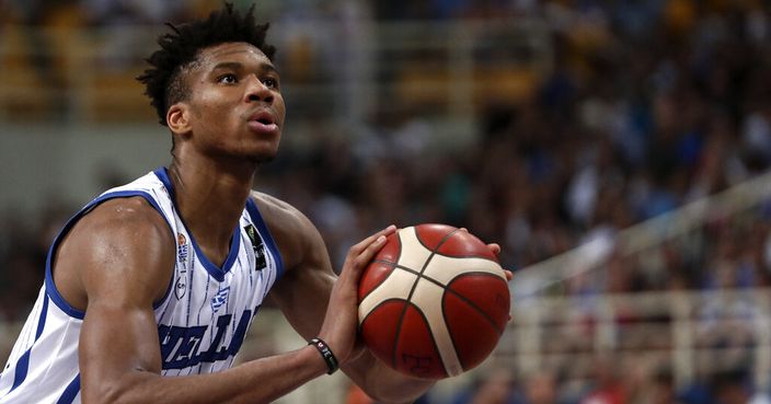 Greece's Giannis Antetokounmpo, of the Milwaukee Bucks, prepares for a free throw, during a game against Italy, at the Acropolis basketball tournament at the indoor Olympic stadium of Athens, Friday, Aug. 16, 2019. (AP Photo/Yorgos Karahalis)