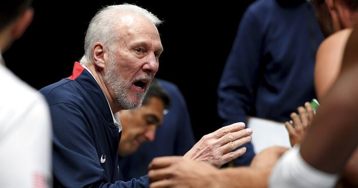 U.S head coach Gregg Popovich talks to player in a time-out during their exhibition basketball game in Melbourne, Thursday, Aug. 22, 2019. (AP Photo/Andy Brownbill)