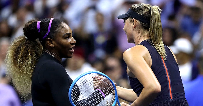 NEW YORK, NEW YORK - AUGUST 26:  Serena Williams of the United States shakes hands with Maria Sharapova of Russia after defeating her in her Women's Singles first round match during day one of the 2019 US Open at the USTA Billie Jean King National Tennis Center on August 26, 2019 in the Flushing neighborhood of the Queens borough of New York City.  (Photo by Matthew Stockman/Getty Images)
