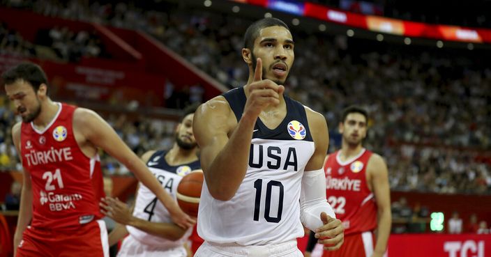 United States' Jayson Tatum reacts after scoring against Turkey for the FIBA Basketball World Cup at the Shanghai Oriental Sports Center in Shanghai on Tuesday, Sept. 3, 2019. The United States beat Turkey 93:92.(AP Photo/Ng Han Guan)