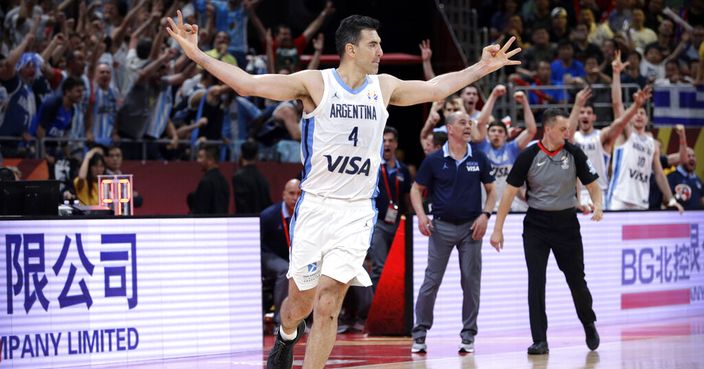 Luis Scola of Argentina celebrates during their semifinal match against France in the FIBA Basketball World Cup at the Cadillac Arena in Beijing, Friday, Sept. 13, 2019. (AP Photo/Mark Schiefelbein)