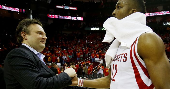HOUSTON, TX - MAY 17:  Dwight Howard #12 of the Houston Rockets celebrates with General Manager Daryl Morey after they defeated the Los Angeles Clippers 113 to 100 during Game Seven of the Western Conference Semifinals at the Toyota Center for the 2015 NBA Playoffs on May 17, 2015 in Houston, Texas. NOTE TO USER: User expressly acknowledges and agrees that, by downloading and/or using this photograph, user is consenting to the terms and conditions of the Getty Images License Agreement.  (Photo by Scott Halleran/Getty Images)