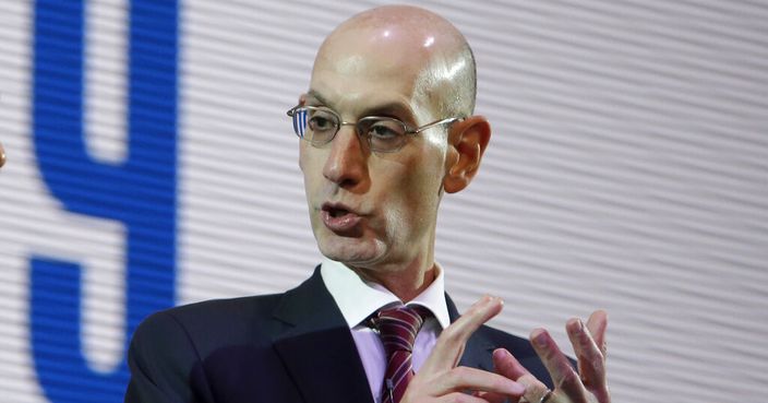 NBA Commissioner Adam Silver speaks during a welcome reception for the NBA Japan Games 2019 between the Toronto Raptors and the Houston Rockets in Tokyo, Japan, Monday, Oct. 7, 2019. (AP Photo/Kiichiro Sato)