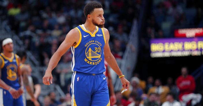 Golden State Warriors guard Stephen Curry (30) reacts after being called for a foul in the second half of an NBA basketball game against the New Orleans Pelicans in New Orleans, Monday, Oct. 28, 2019. (AP Photo/Gerald Herbert)