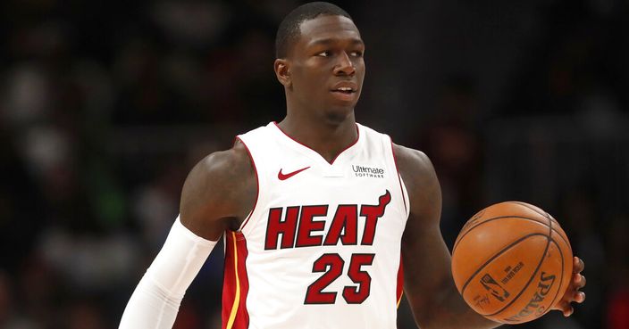 Miami Heat guard Kendrick Nunn brings the ball up during the second half of the team's NBA basketball game against the Atlanta Hawks on Thursday, Oct. 31, 2019, in Atlanta. Nunn's 112 points are the highest total through the first five games for any undrafted player in NBA history. Miami won 106-97. (AP Photo/John Bazemore)