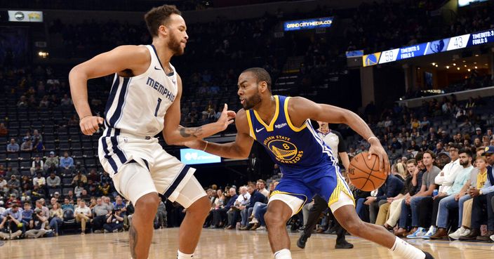 Golden State Warriors guard Alec Burks (8) drives against Memphis Grizzlies forward Kyle Anderson (1) during the first half of an NBA basketball game Tuesday, Nov. 19, 2019, in Memphis, Tenn. (AP Photo/Brandon Dill)