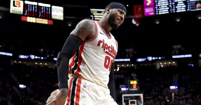 Portland Trail Blazers forward Carmelo Anthony reacts after hitting a shot during the second half of the team's NBA basketball game against the Oklahoma City Thunder in Portland, Ore., Wednesday, Nov. 27, 2019. The Blazers won 136-119. (AP Photo/Steve Dykes)