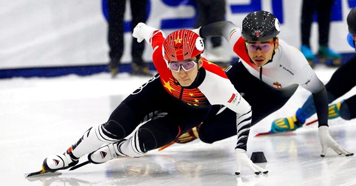 China's Dajing Wu, left, and Hungary's Shaolin Sandor Liu, rear, compete during the finals of the men's 500-meter at a World Cup short track speedskating event at the Utah Olympic Oval on Sunday, Nov. 3, 2019, in Kearns, Utah. (AP Photo/Rick Bowmer)