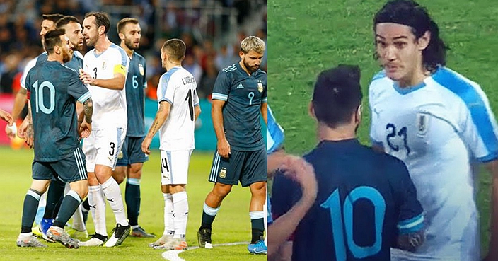 Argentina's Lionel Messi argues with Uruguay's players during the international friendly soccer match between Argentina and Uruguay in Tel Aviv, Israel, Monday, Nov. 18, 2019. (AP Photo/Ariel Schalit)